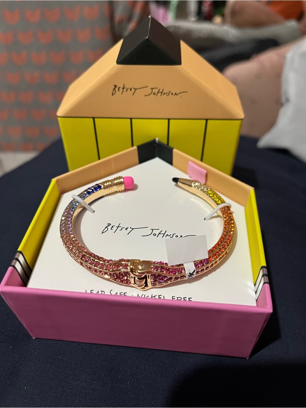 Betsey Johnson Rainbow Crystal Pencil Cuff Bracelet with Gold-Tone